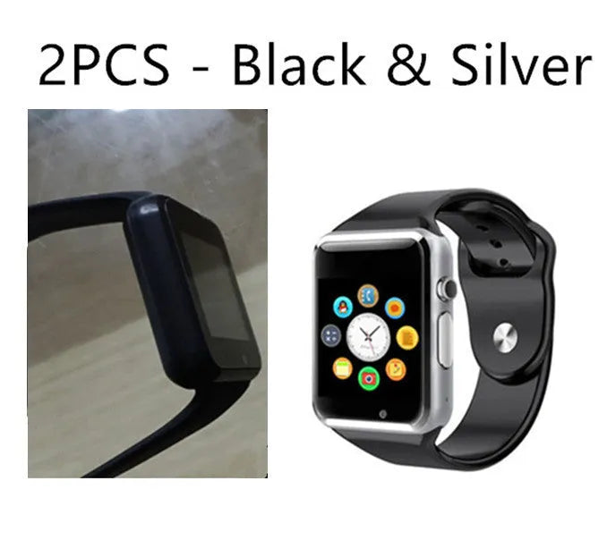A1 Smart Watch in multiple colours on wrist showing 1.54-inch touch screen and camera.