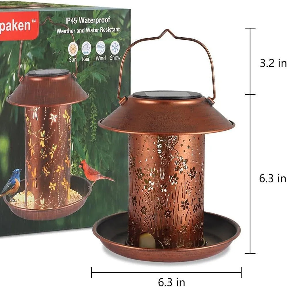 Solar lamp bird feeder with hummingbird pattern, waterproof iron art construction for outdoor gardens