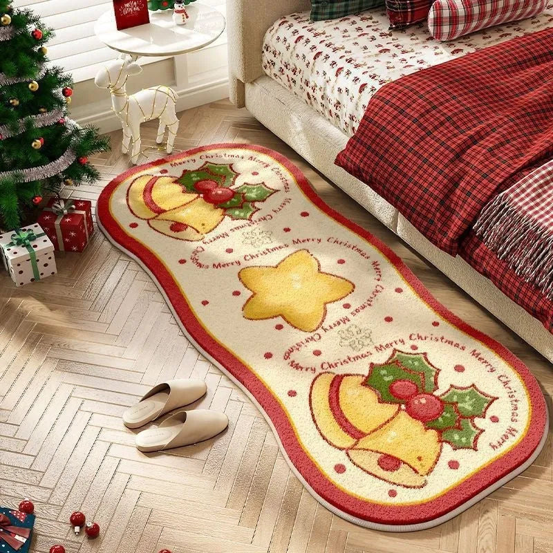 Christmas-themed imitation cashmere floor rug with festive pattern options on a wooden floor.