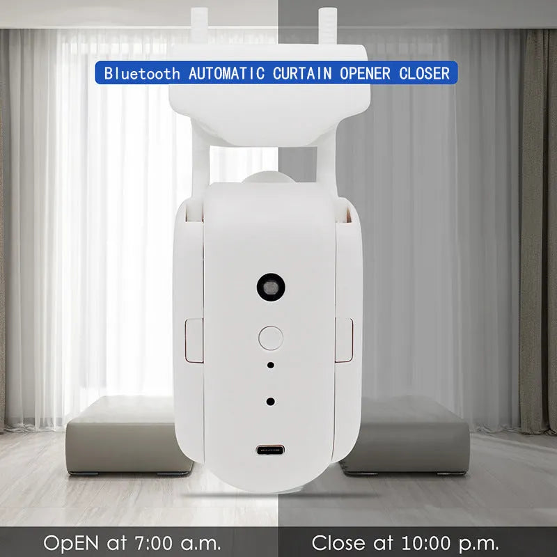 Electric curtain robot for Roman rod track, with remote, app, voice control, WiFi, and Alexa support.