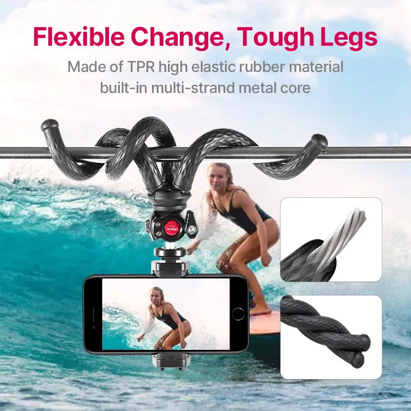 Black octopus-style aluminium alloy mobile phone tripod with adjustable clip, extended to 360mm.