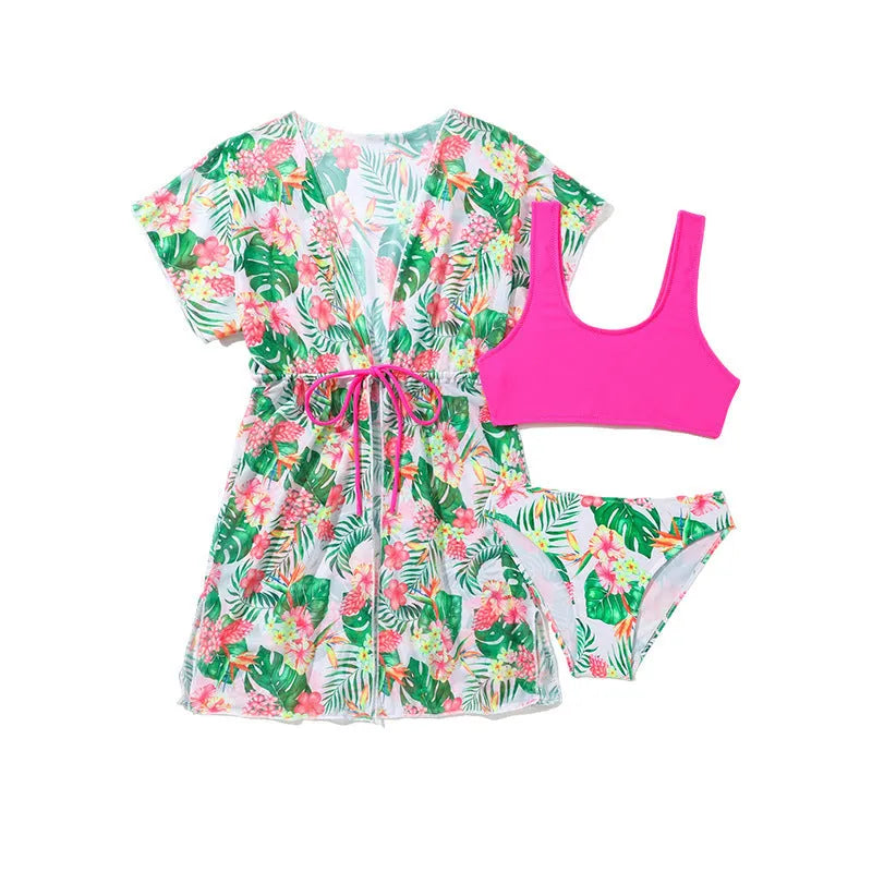 Girls' floral two-piece swimsuit in polyester on a white background, showing briefs style.