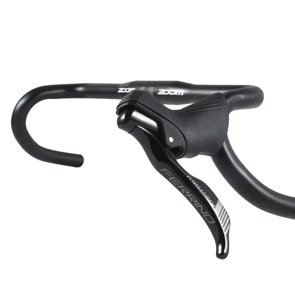Black aluminium alloy road bike drop handlebar showing 420mm width and 31.8mm clamp area.