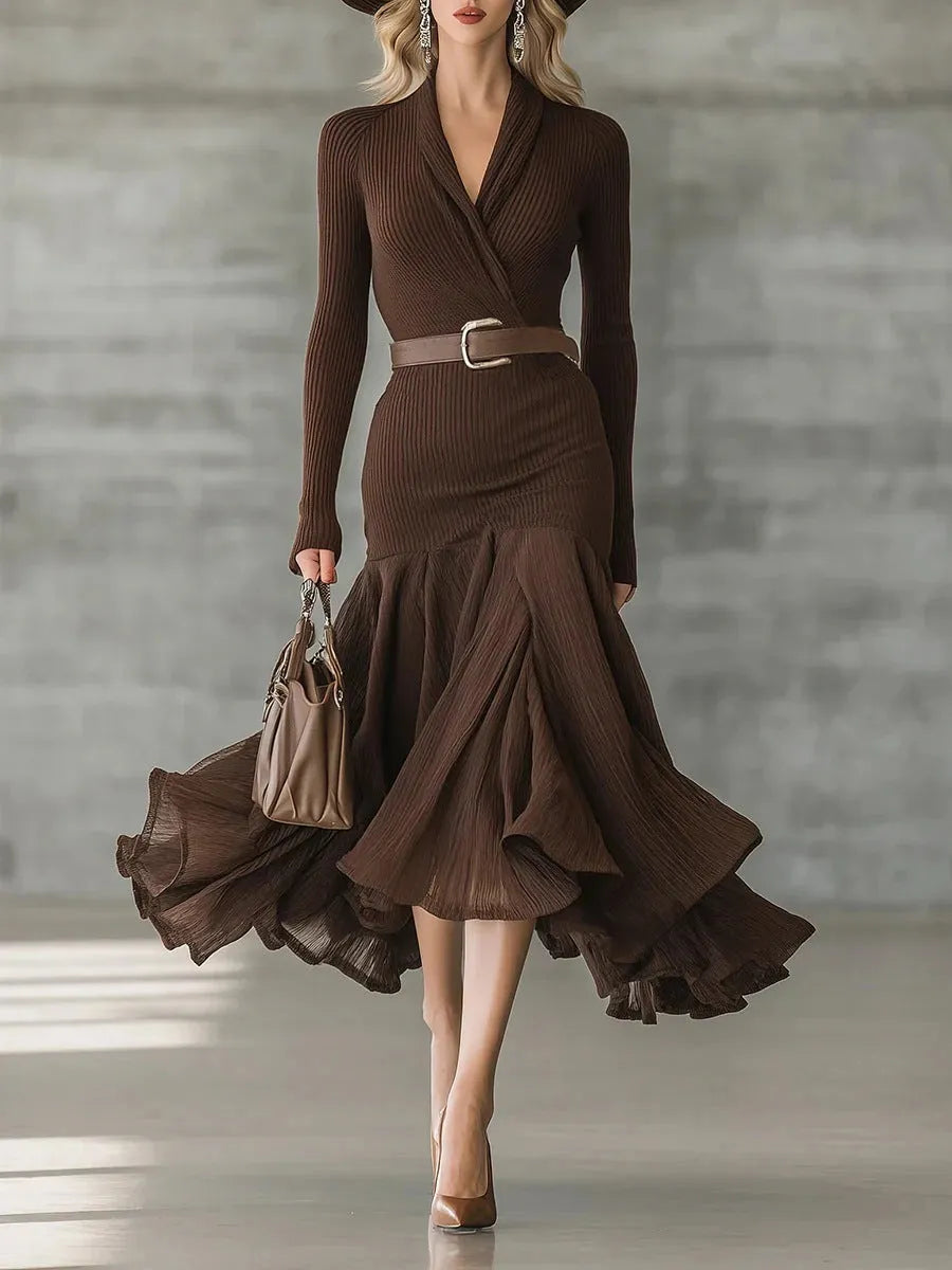Stitching V-neck long-sleeve dress in solid dark brown with high waist and asymmetric long skirt, sizes S-XXL.