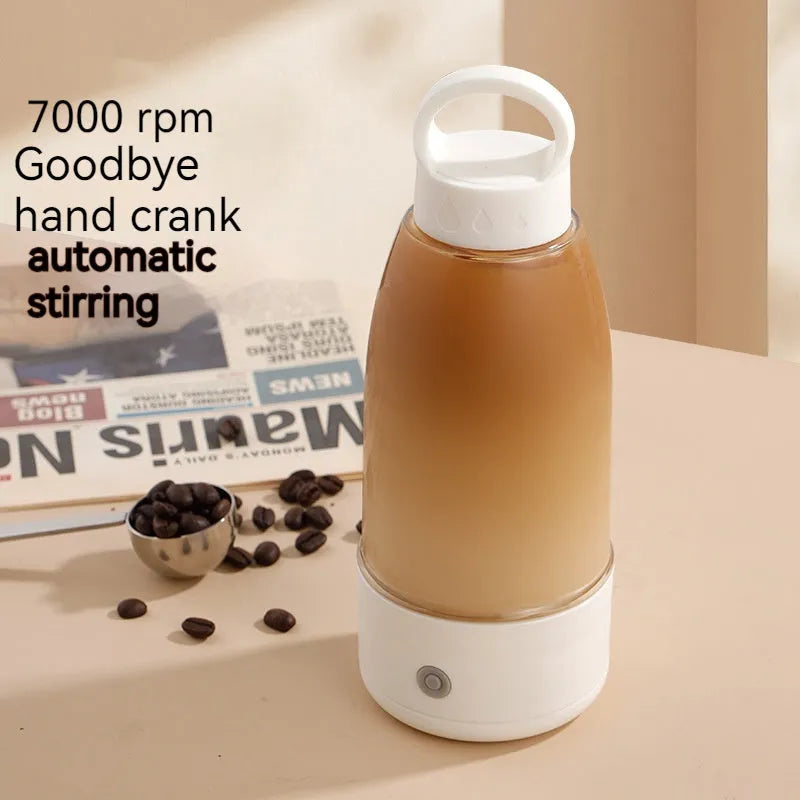 Automatic electric shaker bottle with USB charging port, handle, and lid in green, pink, or white.