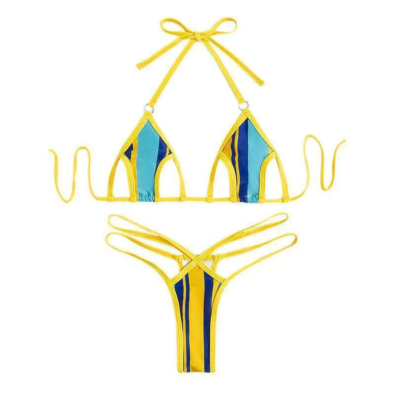 Yellow women's high-waisted split swimsuit with backless design and quick-drying polyester fabric
