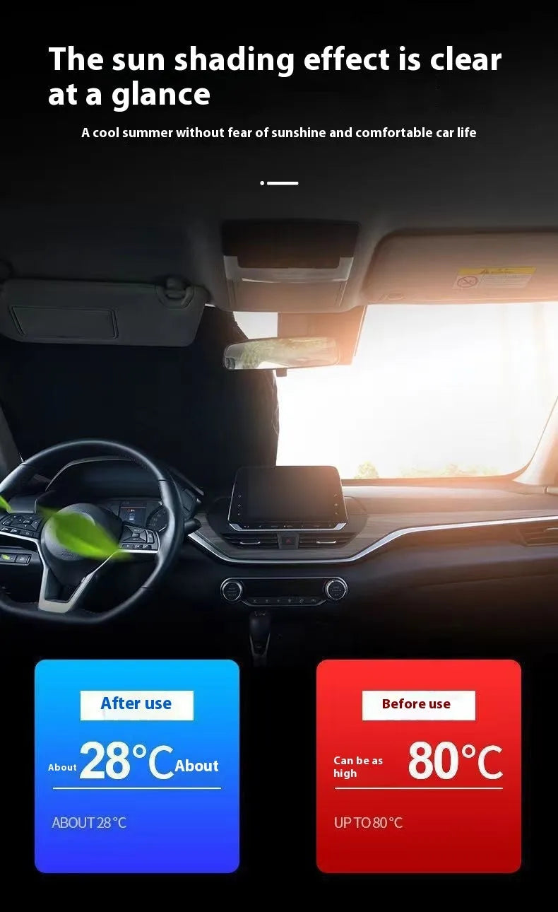 Aluminium foil car windscreen sunshade folded, showing reflective titanium silver surface and size options.