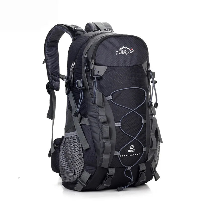 Green polyester outdoor backpack with straps, shown with dimensions for hiking and camping.