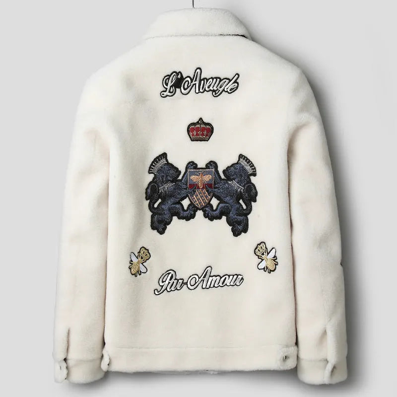 Men's 100% wool grain lamb fur jacket with animal pattern in white or black, sizes M to 5XL