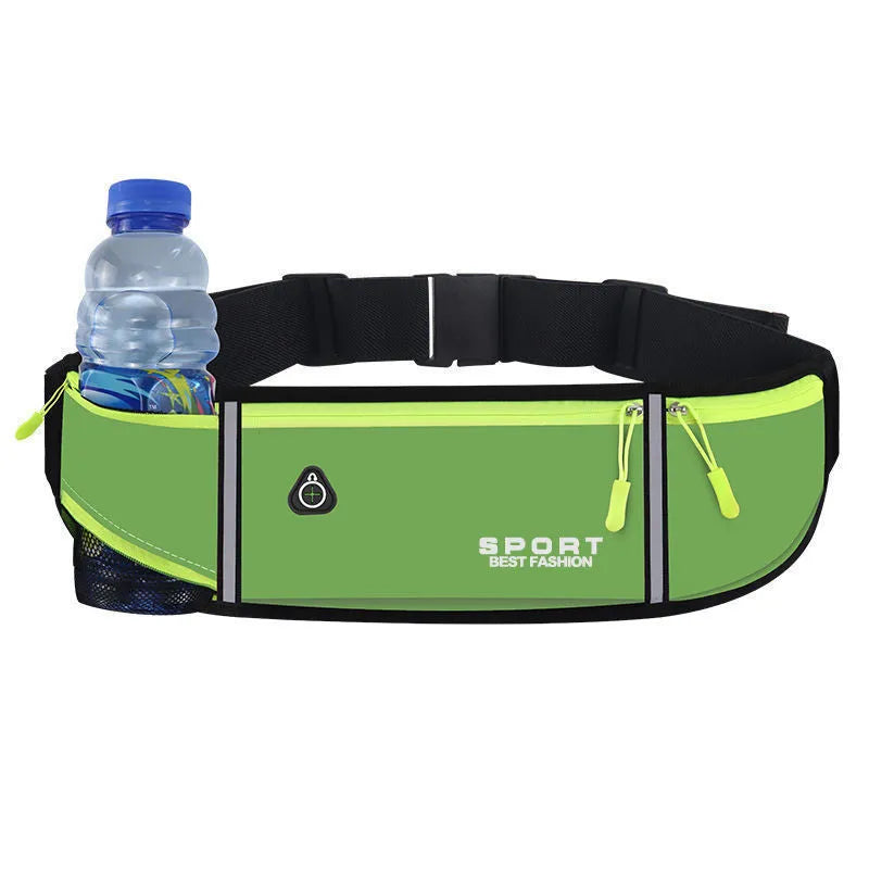 Waterproof Oxford cloth running belt bag in multiple colours, showing anti-theft design and pocket options.