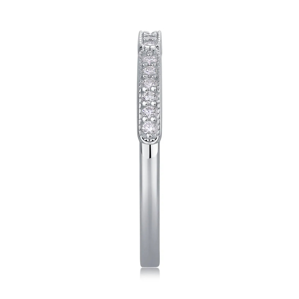 Moissanite wedding ring set in S925 silver with platinum plating, shown in golden, platinum, and rose gold finishes, sizes 5 to 9, with gift box and GRA certificate