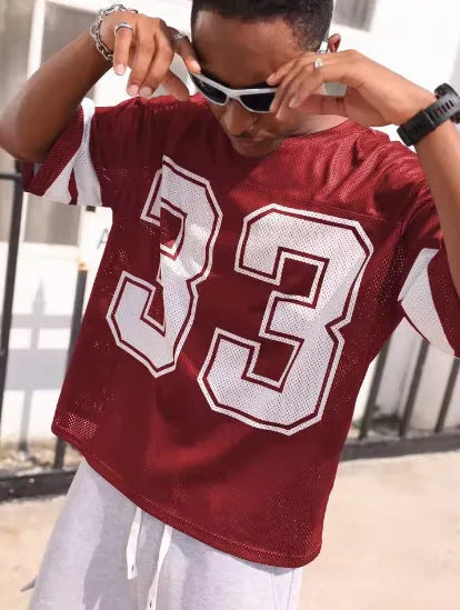Men's short sleeve mesh sports jersey T-shirt, round neck, loose straight fit, thin polyester bird eye cloth, cartoon pattern