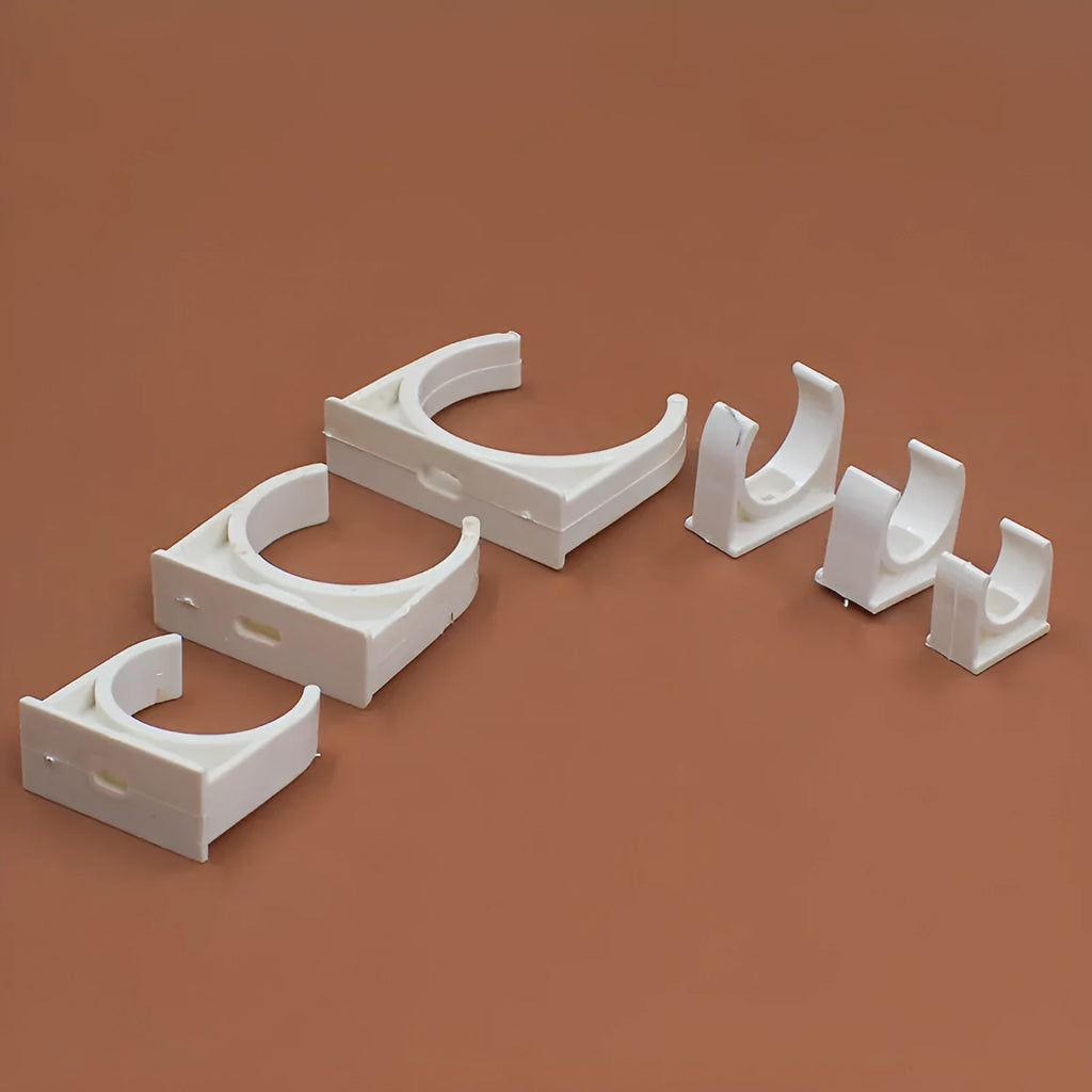 PVC U-shaped plastic pipe clamp in 16mm size, on white background