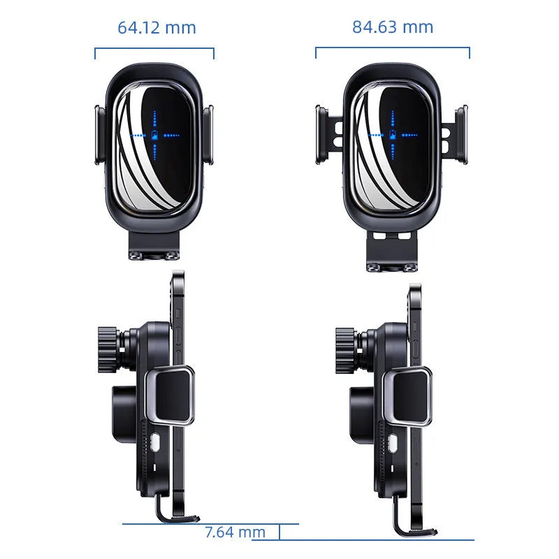 Black QI wireless car charger with suction cup holder and air outlet clip, 15W output, customisable luminous logo.