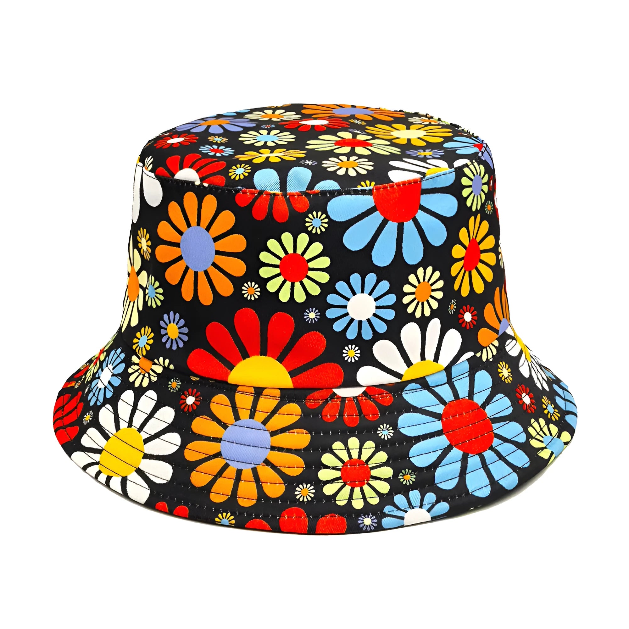 Colourful flower print polyester bucket hat with a dome crown, shown in size M.