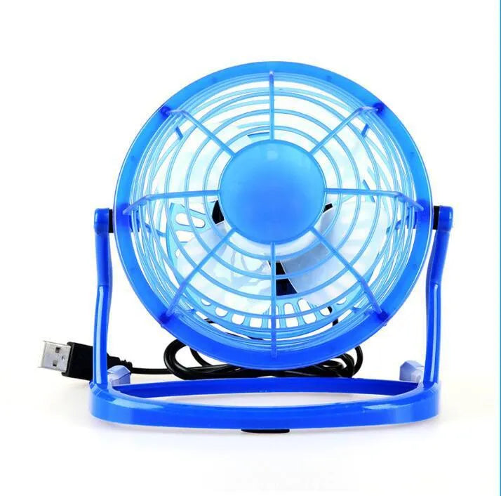 Mini USB desktop fan showing adjustable tilt mechanism and black/white/blue colour options