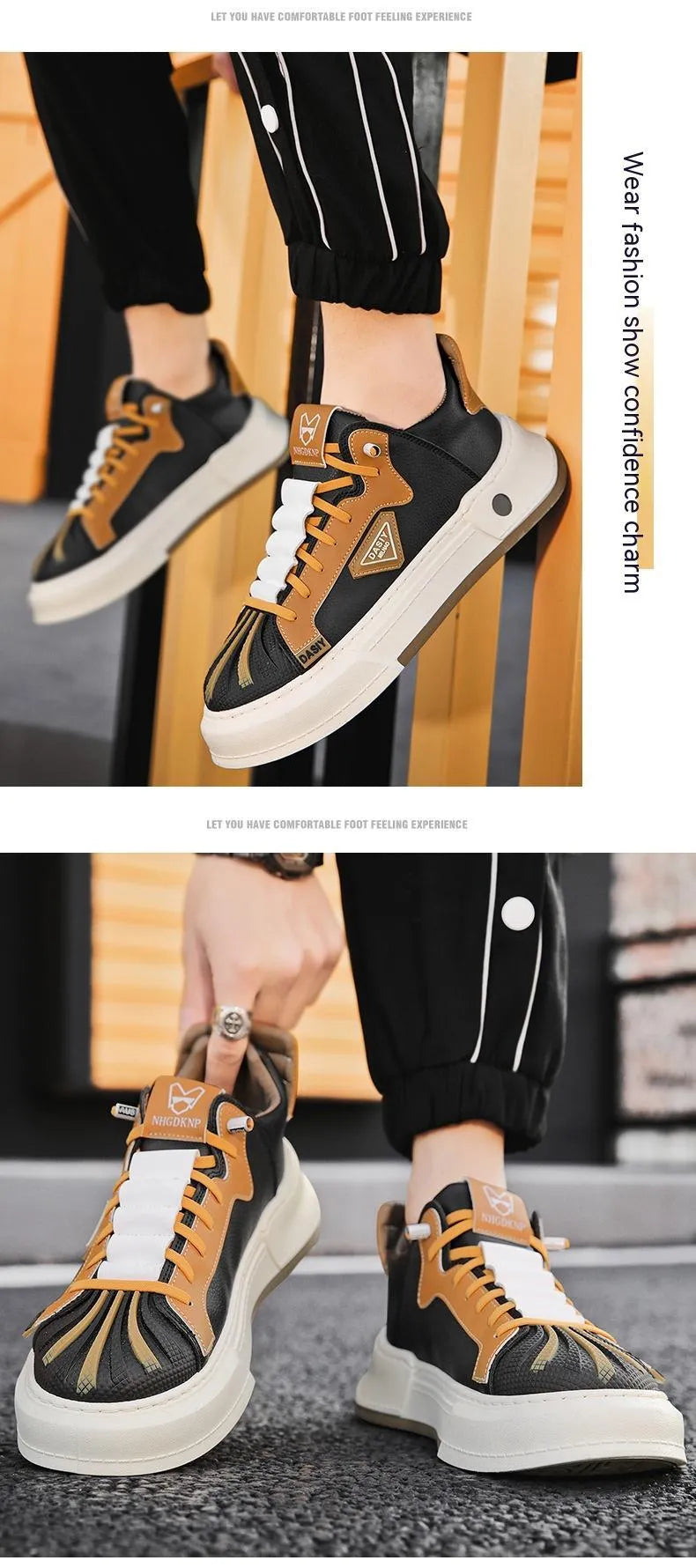 Men's beige low-top casual slip-on shoes with elastic band and leather stitching.