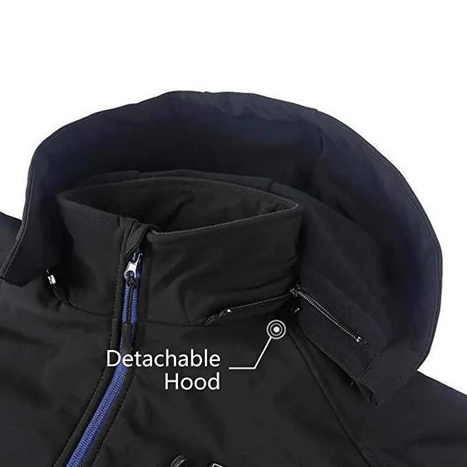 Black men's USB heated winter coat with a straight hem and zippered pockets on a model.