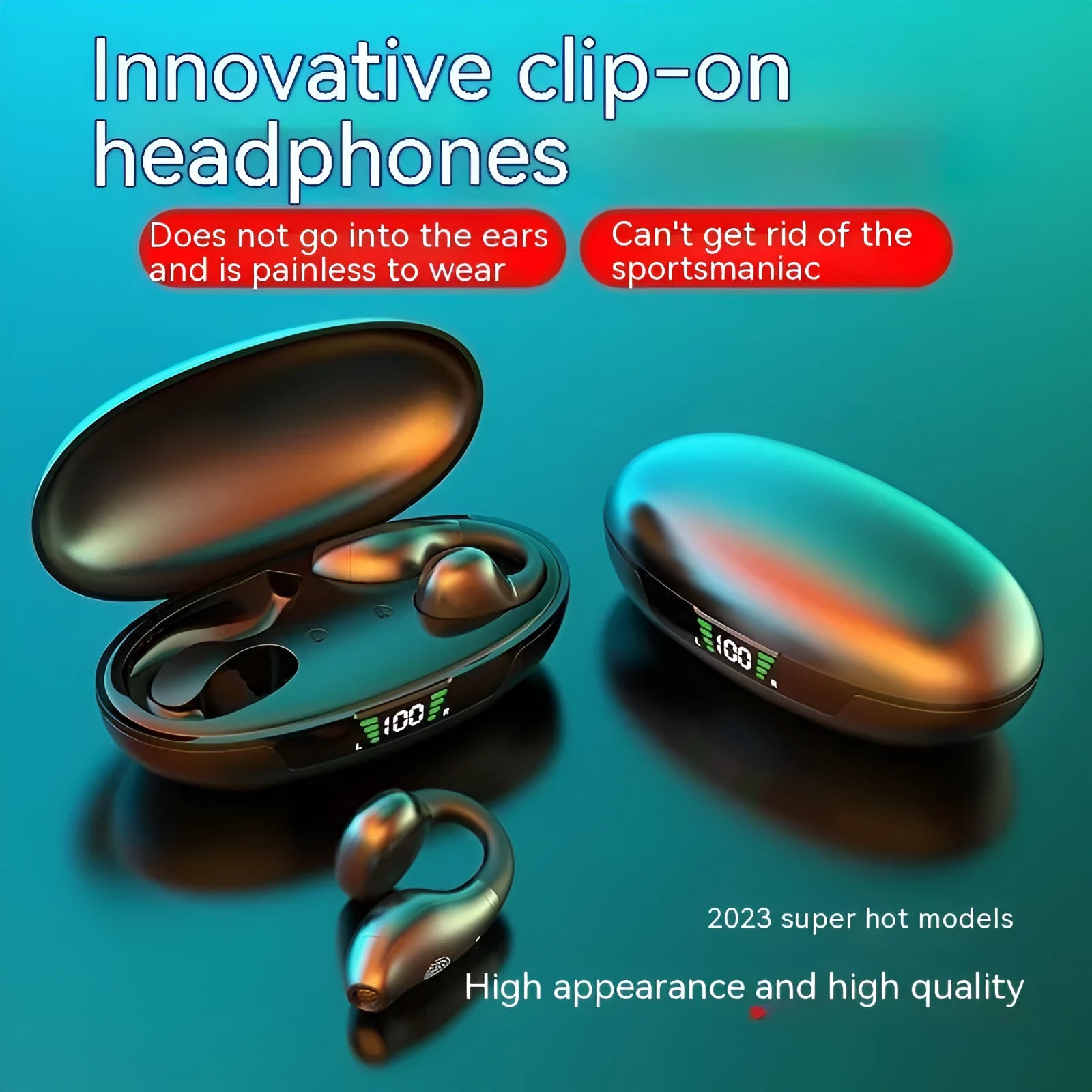 Clip-on Bluetooth earphone with comfortable wear, available in black, white, and skin colour, featuring 8-hour battery and waterproof design
