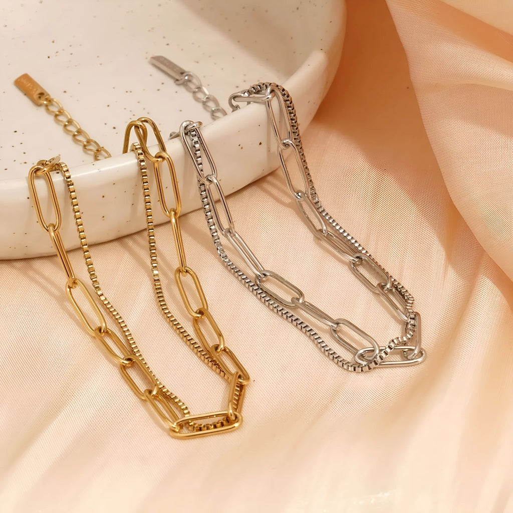 Double layer titanium steel women's bracelet with geometric lines in gold or silver finish