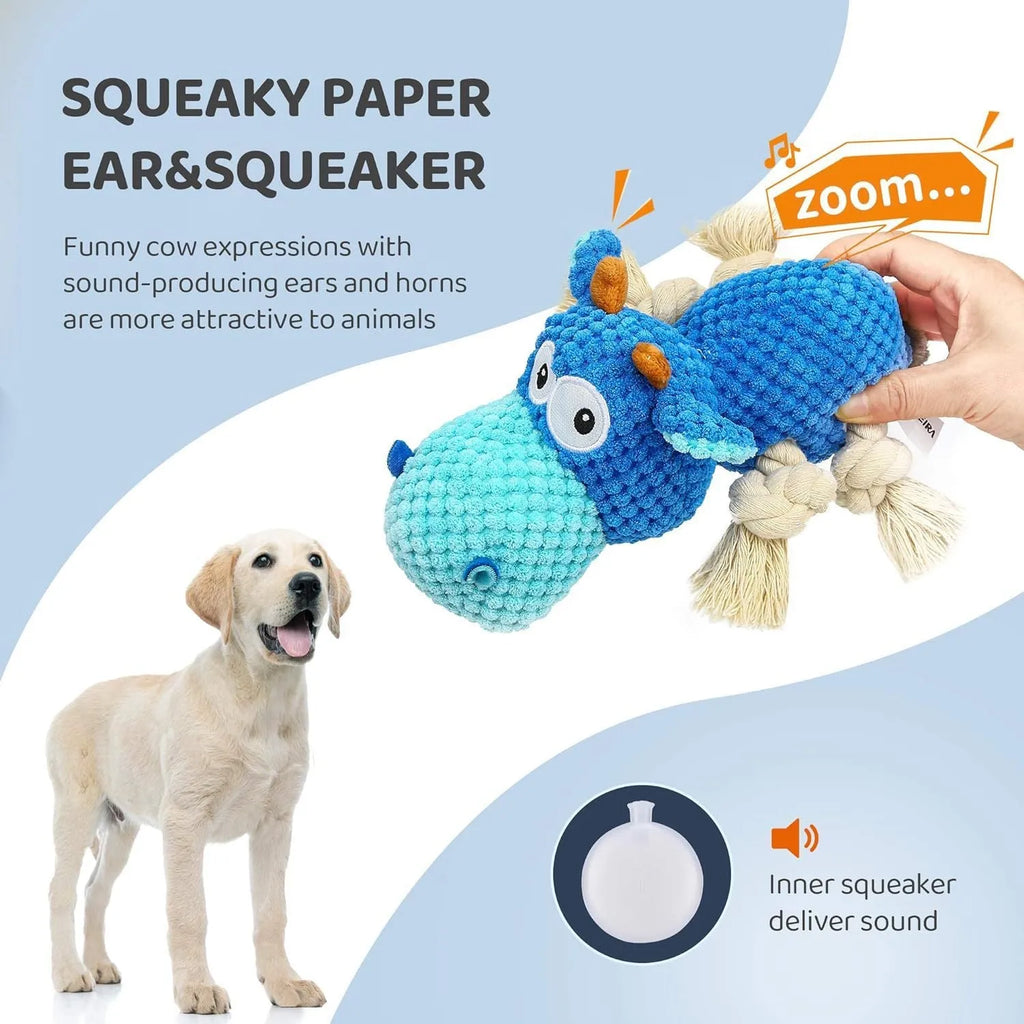 Blue plush dog toy with reinforced seams for aggressive chewers, designed for large breeds like Labrador Retrievers
