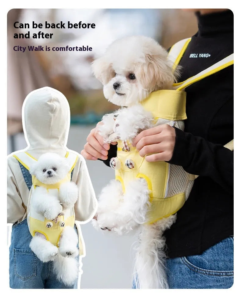 Yellow cartoon bear design soft canvas chest bag for small pets, shown with colourful stitching.