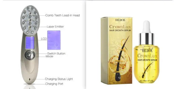 Hair growth serum set with clear PET bottle and massage comb on white background