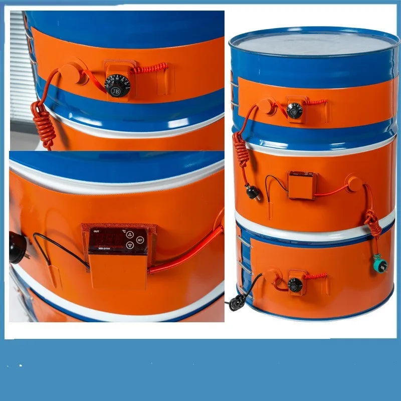 Silicone rubber heating belt wrapped around a 200-litre oil drum with control unit