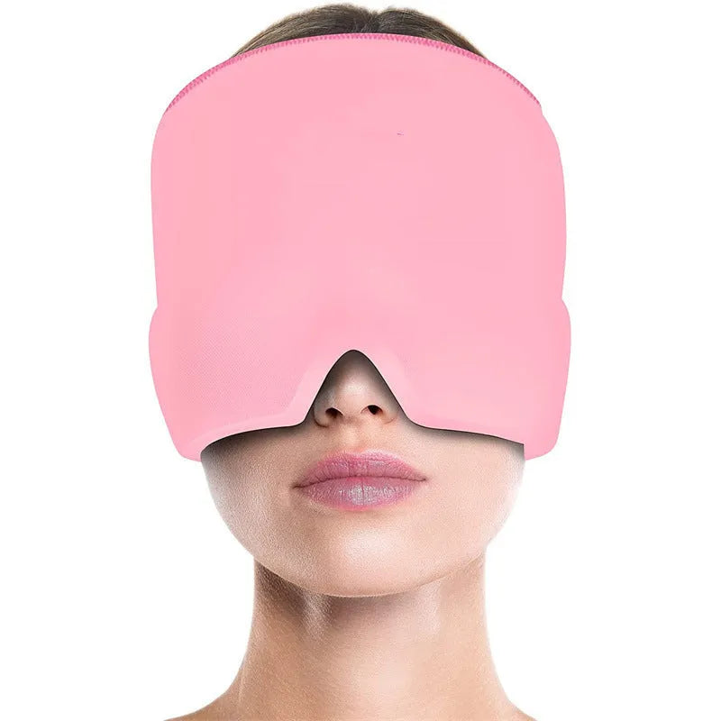 Black elastic cloth gel ice headache relief eye mask showing adjustable headband and cooling gel construction