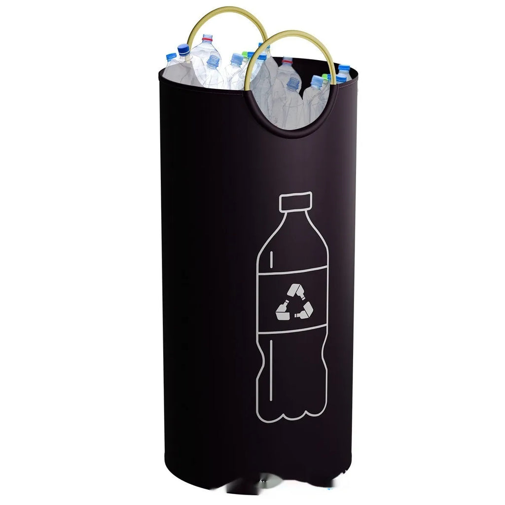 Round portable plastic trash can with a choice of plain or patterned finish, showing dimensions of 38cm wide by 72cm tall.