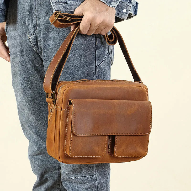 Top layer cowhide leather single-shoulder crossbody bag for men, solid colour Brown 209, retro style