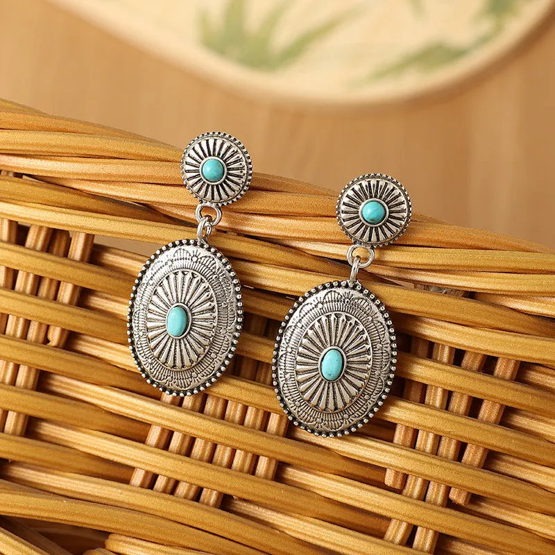 Alloy drop earrings in silver turquoise with electroplated finish, retro pumpkin flower shape