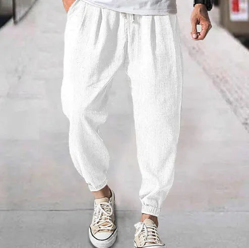 Men's casual cotton ankle banded summer pants in loose fit showing colour options