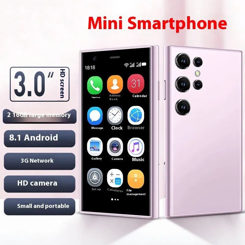 Mini smartphone with 30-inch screen in black, green or pink purple straight plate design showing Android interface