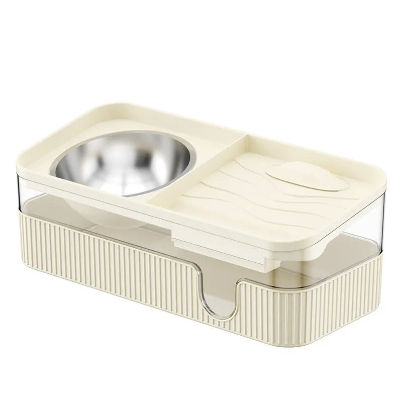 Automatic cat water fountain in cream colour with stainless steel drinking area and PP body