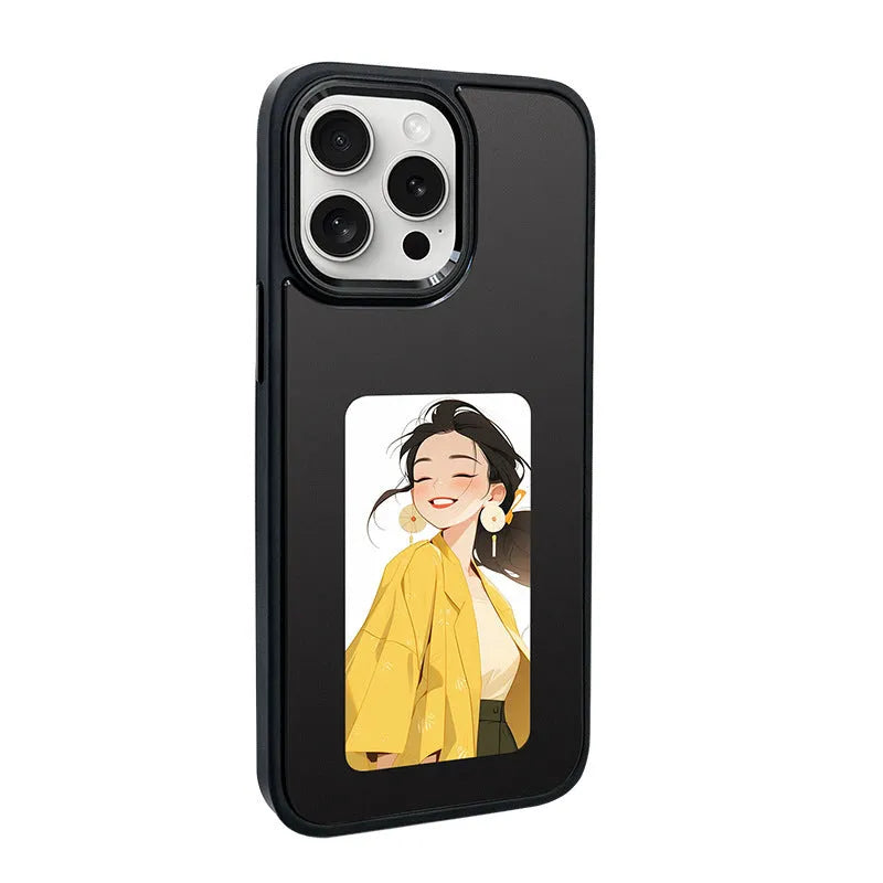 NFC projection screen four-colour e-ink bracket phone case for iPhone in graphite black, pink, or green.