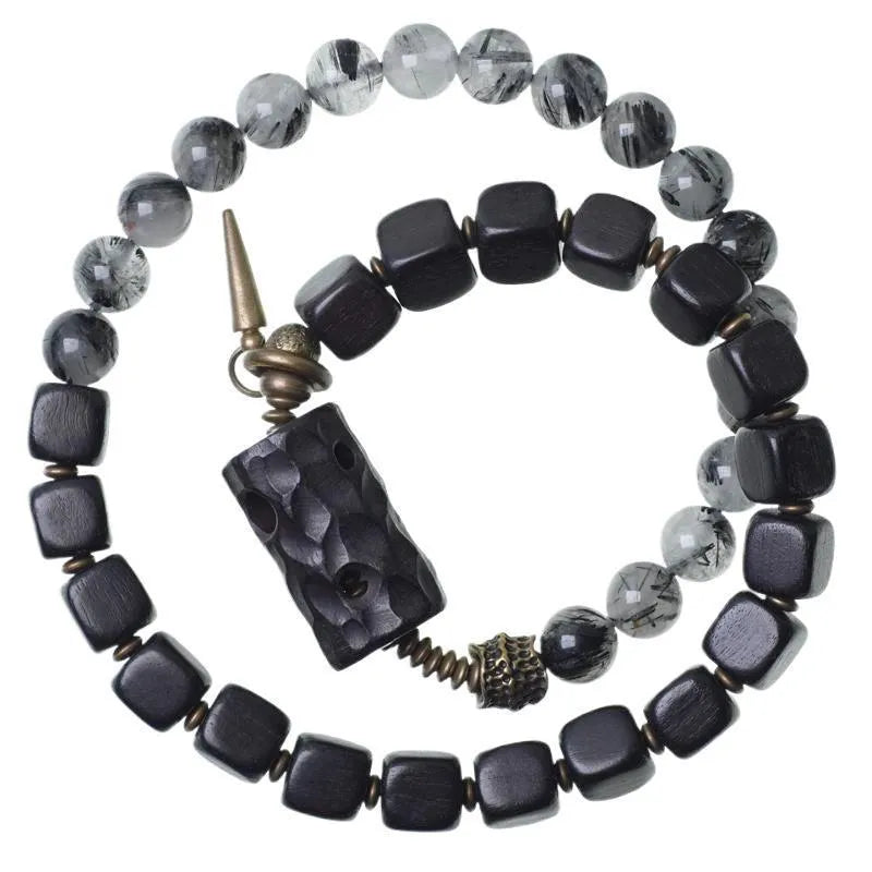 Ethnic style black hair crystal mixed handmade texture bracelet on wrist, unisex free size