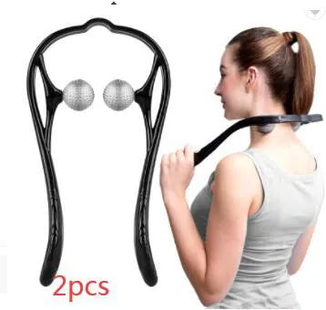 Blue plastic handheld neck and shoulder massager with adjustable stand and removable soft head on a white background.