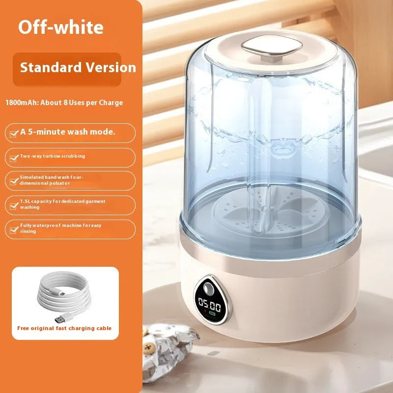 Compact white plastic portable washing machine with USB power cable.