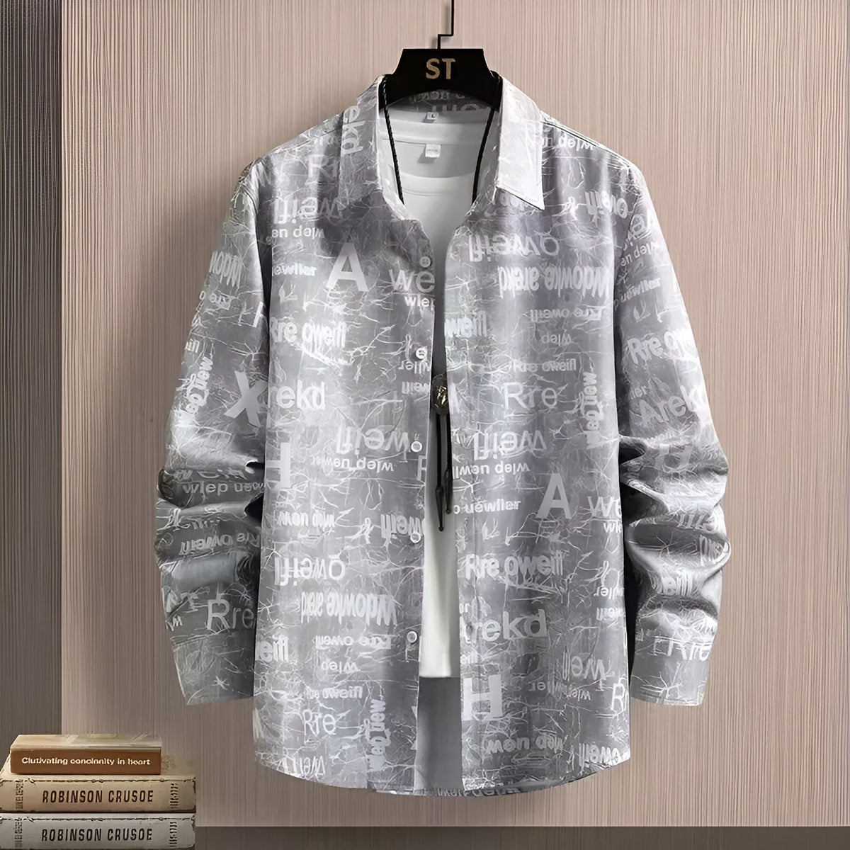 Men's long sleeve shirt with letter print, round neck and thin casual fabric in sizes L to XXXL