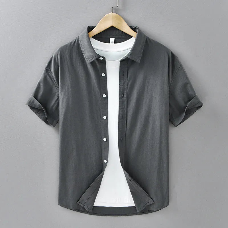 Mens summer short-sleeved cotton shirt in light gray, loose fit cardigan style