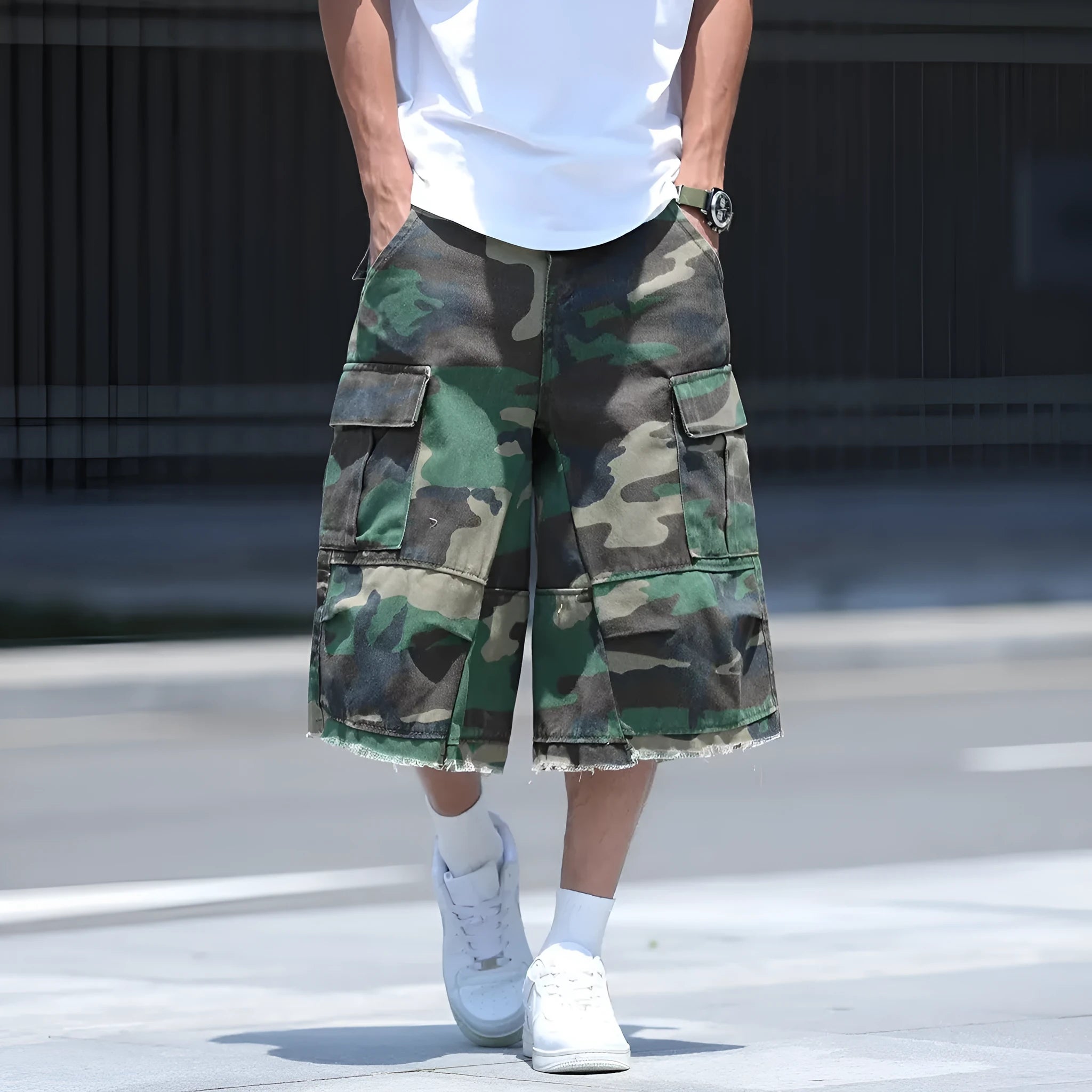 American retro camouflage work shorts in loose cropped fit on mannequin