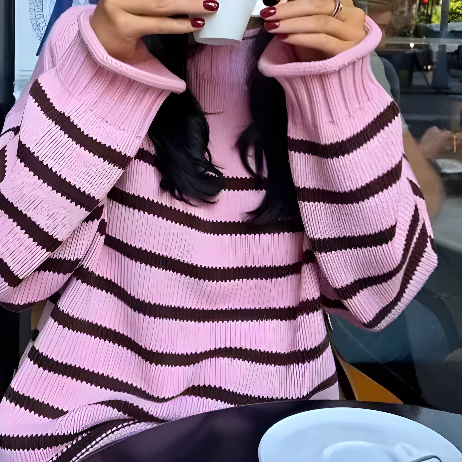 Stripe warm knitted pullover in thick chenille, loose fit, round neck, long sleeves, pink colour