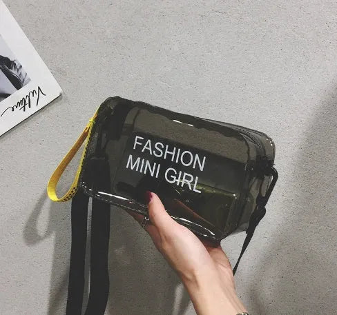 Transparent square jelly crossbody bag for women with an adjustable strap, shown in various colours.