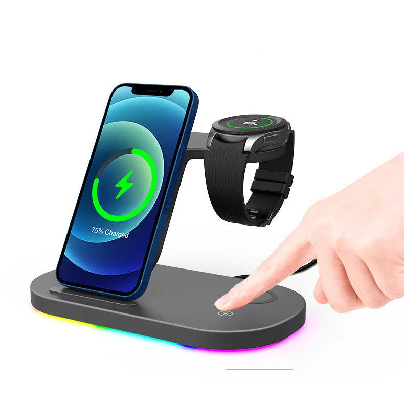 Black and white 15W three-in-one wireless charger with Type-C connector