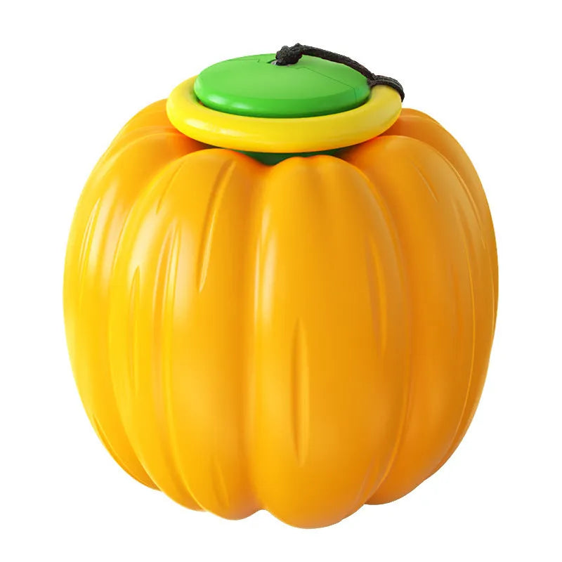 Pumpkin-shaped dog chew ball with squeaker for small dogs in green, orange and yellow colours
