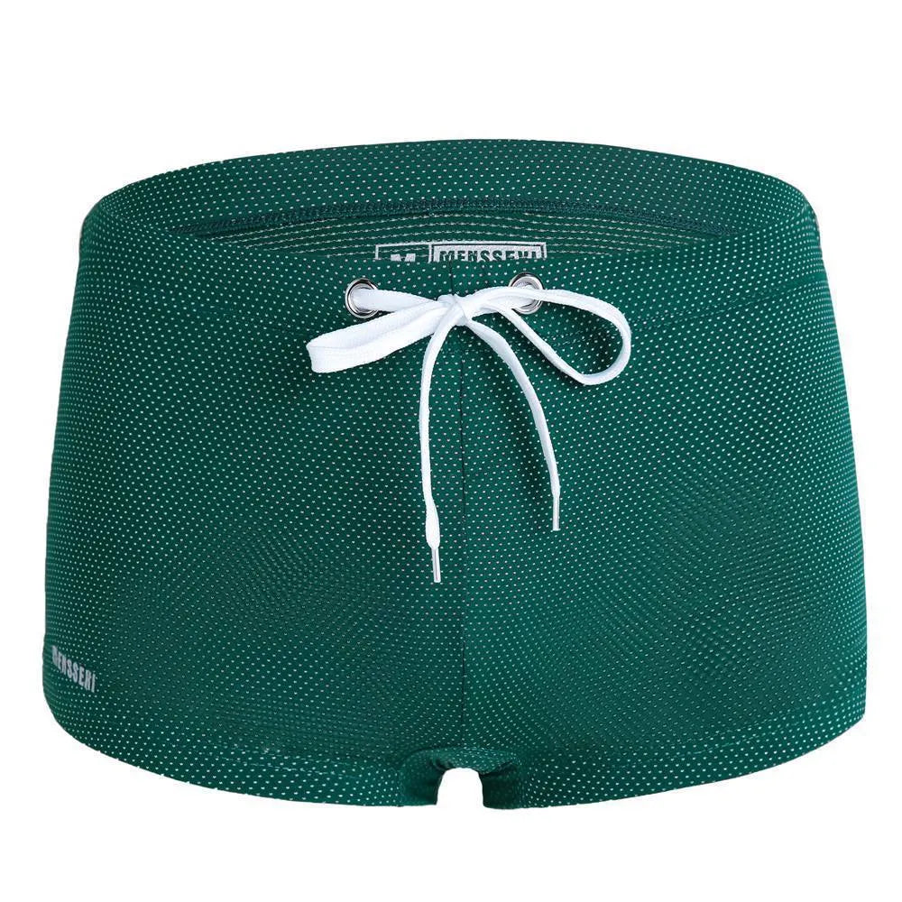 Men's low waist lace nylon boxer swimming trunks in multiple colours on a white background