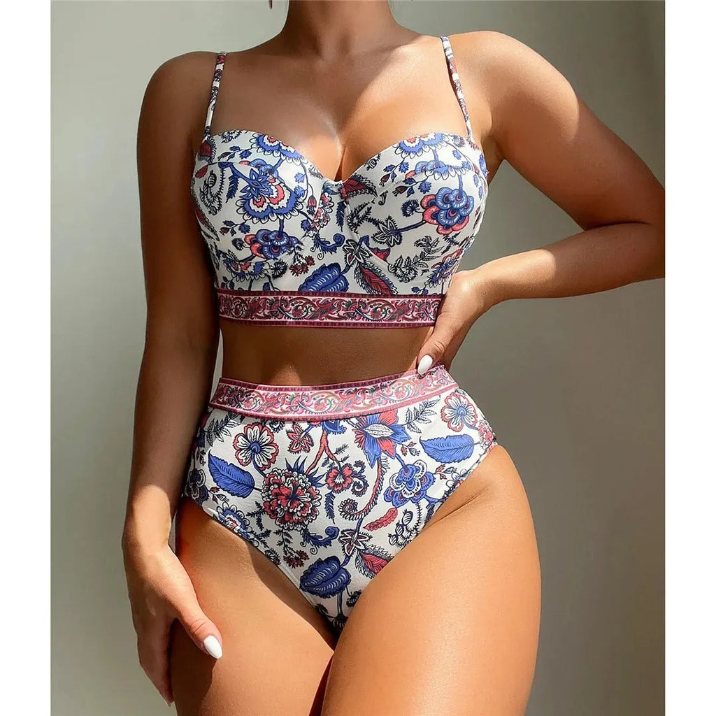 Blue women's high-waisted push-up bikini swimsuit with sleeveless design for swimming