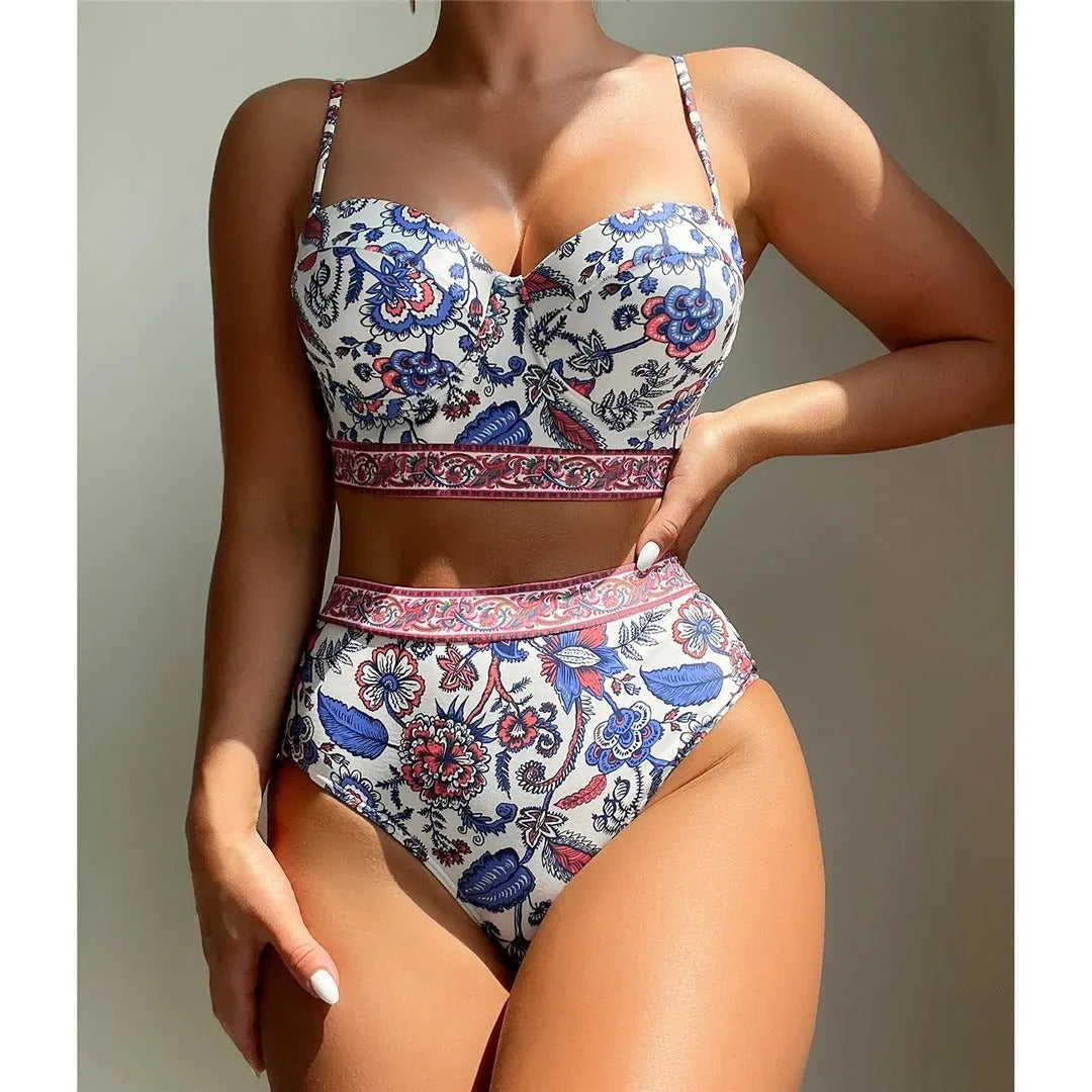 Blue women's high-waisted push-up bikini swimsuit with sleeveless design for swimming