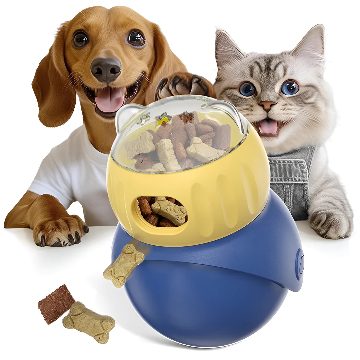 Yellow and blue owl-shaped plastic tumbler toy for cats, a slow-feeder puzzle on a wooden floor.